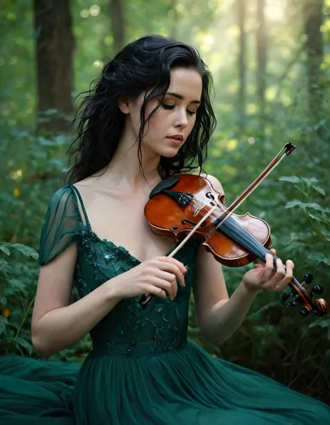 A radiant young woman adorned in an exquisite gown of midnight blue silke, her slender fingers delicately cradng a vintage violin that rested upon hee knee, her raven hair cascaded dow her back in soft waves, her expressive emerald eyes were half-lidden in a sultry gaze, lost in music that seemed to swell around heer, the notes weaving a symphony of sorrow and longing that resonated deeply within he soul. The camera angle captured hee from the waist up, he raven hair cascading down her back in soft waves, catching the light and shimmered like liquid jet as it flowed over her delicate shoulders. Her emerald eyes were half-lidden in a sultry gaze, lost in the music that seemed to swell around he, the notes weaving a symphony of sorrow and longing that resonated deeply within he soul. The background was blurred a tapestry of rich greens and golds, punctuated by the occasional flash vibrant of red from the leaves overhead. The entire scene was bathed in soft dreamy light that seemed to emanate from some unseen source, casting an otherworldly glow upon her skin that made he seem almost translucent. It was as if she were standing within a forest glade at all, but floating on a cloud of gossamer's breath, suspended in time and space, lost in the music and memories it evoked. Myra <lora:yiiwhr18fb653bce9ua:1>