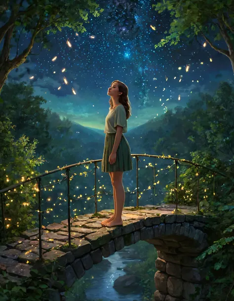 Myra, a young woman with a countenance that belied her years, stands atop a stone bridge in the heart of an enchanted forest, gazing out into the distance as fireflies dance among the leaves like tiny stars drawn to earth. <lora:yiiwhr18fb653bce9ua:1>