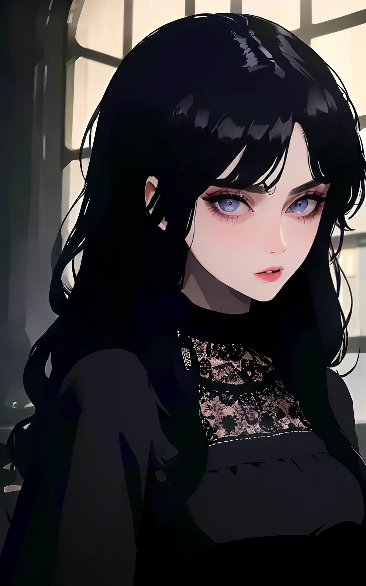 (masterpiece, best quality, ultra detailed:1.4),(upper body:1.3),(wide angle:1.3),(dimly lit study dark room),portrait,(caucasian:1.2),young adult woman,almost shaped eyes,north european caucasian woman wearing black dress standing gothic entryway,tanned skin,black hair,long hair,straight hair,wearing black dress,fit,medium hair,choker,parted lips,intricately detailed,embroidery (masterpiece:1.3)