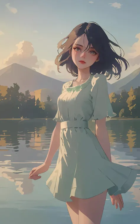(scenic outdoor lake setting), (sunlit pier), young adult woman, casual summer fashion, ((dipping legs into the lake)), relaxed pose, breezy hairstyle, subtle makeup, (lightweight fabric, flowing dress), nature-inspired colors, serene expression, (background: lush greenery, distant mountains), warm afternoon light, (sense of tranquility and connection with nature) (masterpiece:1.3)