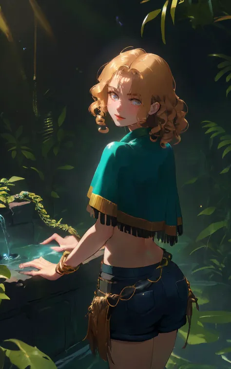 (cinematic still, wide high dutch angle, cowboy shot, from side young Andean woman thigh deep in swamp wading water ripples through moat surrounding temple touching inscription on ancient Incan temple wall looking back at camera:1.4),(in front of entrance to ancient haunted temple),(tan, 24 years old, heart shaped butt, Dimples of Venus (fit, slender, skinny waist, athletic:1.1), white crop top, subsurface scattering, young Andean woman, fashionista:1.2),(brown backlit hair, medium length, curly:1.3),vintage leather satchel,fedora,(clear poncho),(style of Charles Vess:1.3),tight shorts,vines growing up wall,(small slithering snake on water fountain:1.2),(small shimmering metallic blue morpho butterflies:1.1),(look of delight and discovery:1.1),dense jungle,exotic birds,ancient civilization's secrets,golden hour glow,soft sunlight filtering through the leaves,subsurface scattering,lush jungle backdrop with vibrant green foliage,intricately detailed environment,(volumetric Chiaroscuro++ lighting Tyndall Effect:1.3),caustic (masterpiece:1.3)
