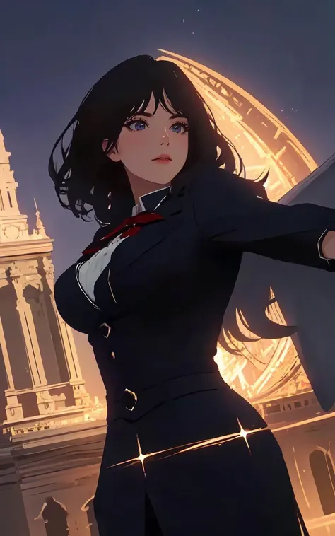(perfect lighting:1.4),(dynamic photoshoot pose:1.2), (clothed, masterpiece, wide angle, cinematic establishing shot, young adult european woman, highly detailed background:1.2), volumetric lighting, subsurface scattering, dynamic pose, (special effects, color grading, fantasy aura), (Celestial Harbinger:1.4), (Medium Covered breasts:0.81), Comet tail, celestial event, prophetic signs, cosmic alignment