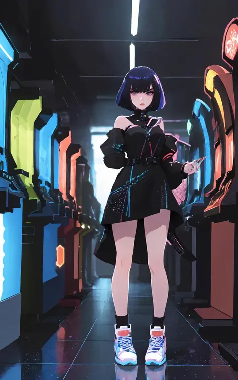 (across the shoulders shot, style of Hasselblad:1.11),(indoors, full body shot, moody lighting, young woman standing in front of arcade game,three quarter pose,sneakers:1.4) ,([futuristic:cyberpunk:0.7] arcade setting),woman with a commanding presence in the center of a state-of-the-art arcade,attire blending high-fashion with future-tech,aysmmetrical tea dress with a slight shimmer in the fabric,knee-high boots with LED details,her makeup bold and futuristic with metallic eyeshadow and glossy lips,her hair styled in a sleek,geometric bob,her posture exudes confidence and power BREAK one hand holding a neon-lit,futuristic gaming device,the other casually draped along her side,the arcade around her filled with advanced gaming consoles,holographic displays casting an ethereal glow,the environment bustling with activity yet she remains the focal point,her gaze intense and captivating,a harmonious blend of elegance,strength,and futuristic glamour,("ODYSS3Y" title:1.5), (perfect lighting:1.4),(dynamic photoshoot pose:1.2),(December Issue:1.4),