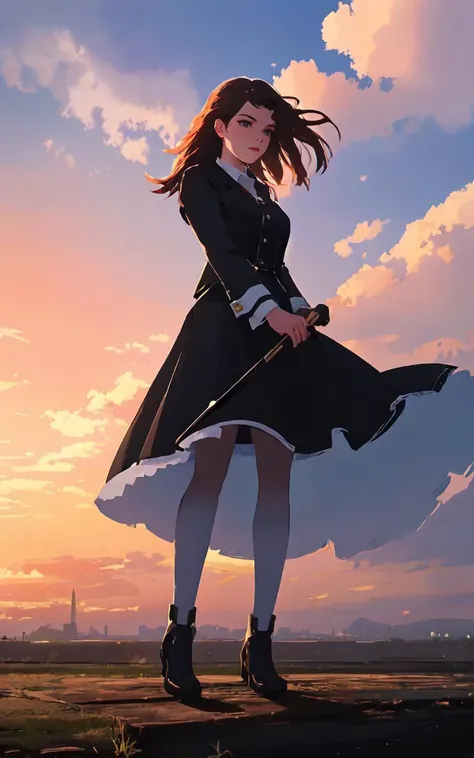 (perfect lighting:1.4),(dynamic photoshoot pose:1.2), (clothed, masterpiece, wide angle, cinematic establishing shot, young adult european woman, highly detailed background:1.2), volumetric lighting, subsurface scattering, dynamic pose, (special effects, color grading, fantasy aura), (Sky Painter:1.4), (Small Perky breasts:0.81), Sunset canvas, paintbrush, vibrant clouds, celestial inspiration