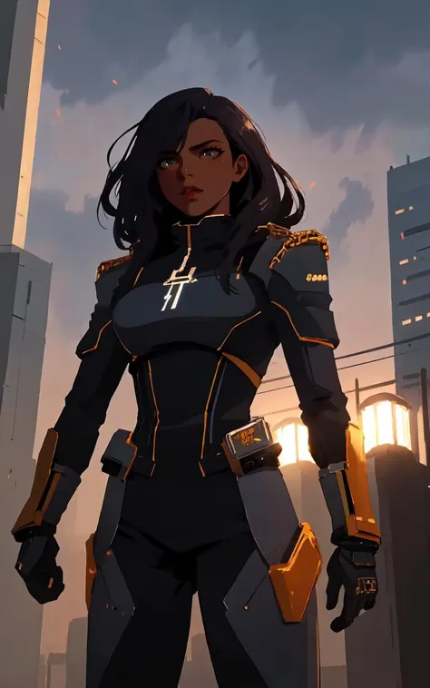 (perfect lighting:1.4),(dynamic photoshoot pose:1.2), (intense dramatic lighting), ((darkskinned woman in scifi militarystyle uniform standing in front of mechatank)), sharp angles, embellished with intricate gold braiding and medals, commanding posture, (dystopian cityscape in the background), ominous clouds, deep shadows, sense of urgency and power,