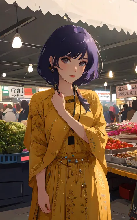 (perfect lighting:1.4),(dynamic photoshoot pose:1.2), (perfect seductive young woman Interstellar Market Scene:1.3), iridescent storm clouds, bustling interstellar market set on a distant planet, a tapestry of alien cultures, exotic foods, and colorful bazaars