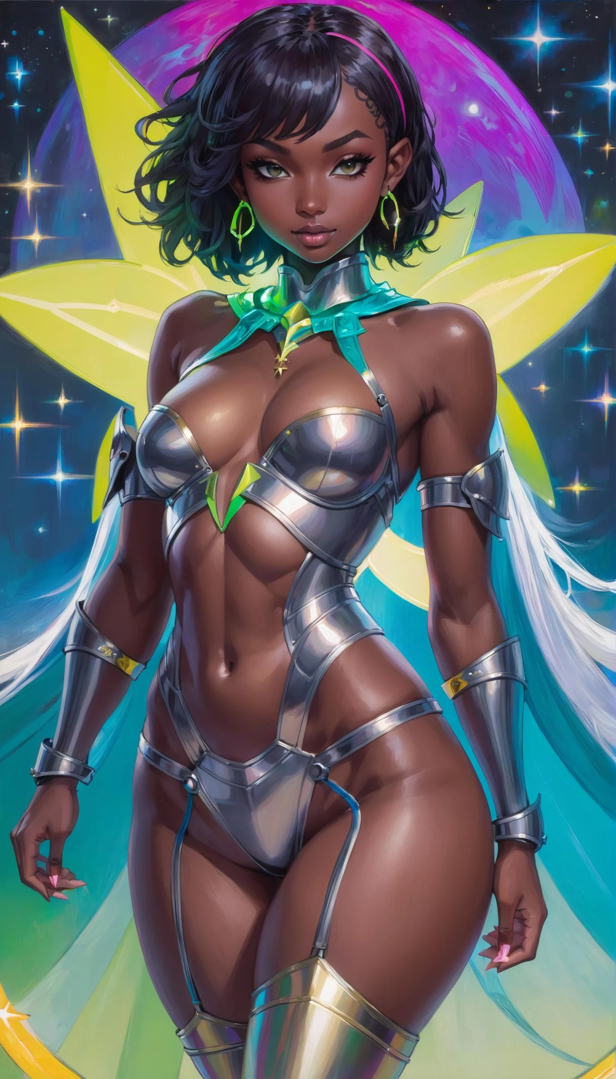 rough oil painting, anime style, girl, wide hips, slim hourglass figure, narrow waist, depth of field, 1girl, (neon starry girl next door:1.3), elf, (on a  simple background:1.3), (full body:1.4), pose, [:intricate, formal costume design:0.2], muscular,tattoos,zettai ryouikia, small breasts, wide hips, athletic thicc perfect hourglass figure,skindentation, ((armor, thigh cutout:1.3):1.2), (african, dark skin:0.6)<lora:EnvyRoughOilXL01v11-prodigy-batch6-000006:1>