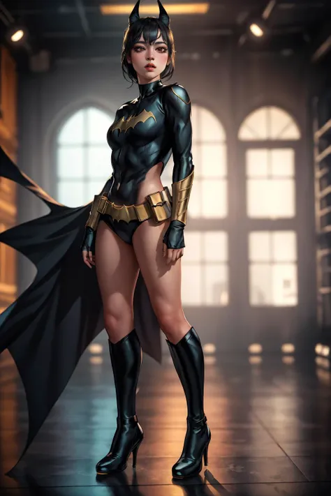 Batgirl Arkham knight, sexy woman,DC comics,small, half naked, classic costume with mask, custom colors blue and yellow, YOUNG, super skynny body, small and beautiful buttocks, toned abdomen, small and beautiful breasts, gloves, Boots, pose sexy, malevolent, obscene, powerful, super sensual, oscuridad, nocturno, Dramatic background, In the background is Gotham City on fire, Apocalyptic atmosphere, Batman signal in the sky, sensual look, beautiful blue eyes, classic hairstyle,Hair dyed in bright red color, best quality,4k,8k,A high resolution,masterpiece,ultra detailed,Realistic, Photorealistic,photo realistic