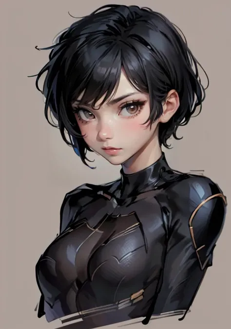CassCain, cassandra cain, batgirl suit, 1girl, black hair, brown eyes, looking at viewer, mask, short hair, simple background <lora:CassandraCain-01:1>