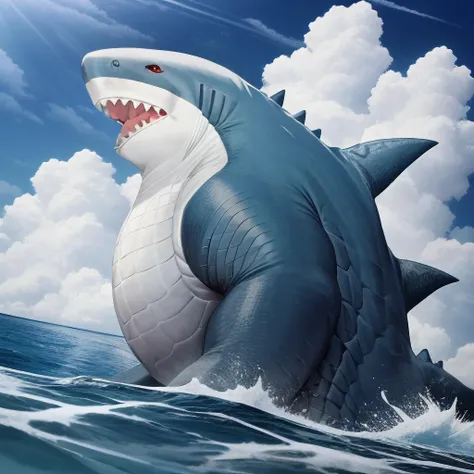 photo,  <lora:Blahaj:0.7> shark, Godzilla, (((scaly skin))), (screaming), ocean, spikes, tail, big muscles, (red eye) masterpiece, 4k, highly detailed, ((HDR))