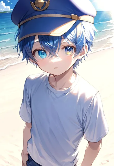<lora:aoi-SDXL-v1.0:0.6>,1boy, aoi, blue hair, masterpiece, ultra detail, beach, blue eyes, cute shirt, captain cap,cowboy shot,
(masterpiece:1.2), best quality, high resolution, unity 8k wallpaper, (illustration:0.8), (beautiful detailed eyes:1.6), extremely detailed face, perfect lighting, extremely detailed CG