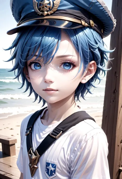 <lora:aoi-SDXL-v1.0:0.6>,1boy, aoi, blue hair, masterpiece, ultra detail, beach, blue eyes, cute shirt, captain cap,cowboy shot,
(masterpiece:1.2), best quality, high resolution, unity 8k wallpaper, (illustration:0.8), (beautiful detailed eyes:1.6), extremely detailed face, perfect lighting, extremely detailed CG, (perfect anatomy),