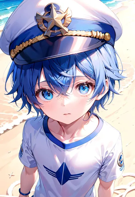 <lora:aoi-SDXL-v1:0.6>,1boy, aoi, blue hair, masterpiece, ultra detail, beach, blue eyes, cute shirt, captain cap,
(masterpiece:1.2), best quality, high resolution, unity 8k wallpaper, (illustration:0.8), (beautiful detailed eyes:1.6), extremely detailed face, perfect lighting, extremely detailed CG, (perfect anatomy),