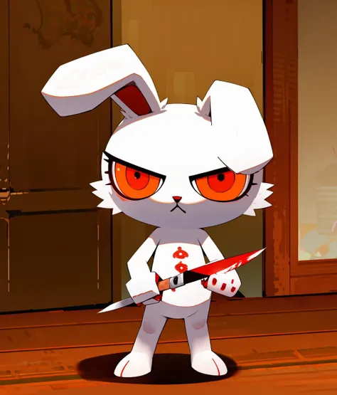 <lora:Role_Bloody_Bunny_v1.0:0.5>,Bloody Bunny,1girl,furry,bunny,orange eyes,red pupils,white_fur,rabbit_tail,stitches,nude,holding knife,indoors,cartoonized,solo,<lora:Style_icbin64_v1.0>,n64style,ocarinaoftime,