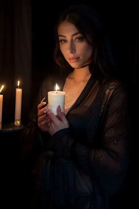 Merger_jule_garshine,
in a dark room in (pitch black:1.2) amongst a (candle light vigil:1.2), (candles:1.1), (candle light:1.1), (pitch black room:1.2), (darkness:1.1), wearing a (sheer robe:1.1), robe, sheer, (lots of candles:1.2),
bokeh, f1.4, 40mm, photorealistic, raw, 8k, textured skin, skin pores, intricate details <lora:epi_noiseoffset2:1>, epiCRealism <lora:detail_slider_v4:0.8> <lora:ClothingAdjuster3:-0.8>