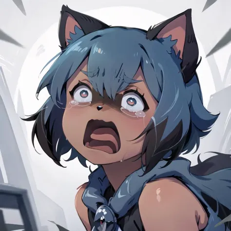 furry raccoon girl, absurdres, solo, 1girl, multicolored eyes, raccoon ears, two-tone hair, (high quality, best quality, masterpiece, 2d), high-res, (8k), no nuzzle, body fur, (animal nose), aquascreaming, screaming, open mouth, crying with eyes open, face focus <lora:michiruLora_michiruv3latest:0.76>   <lora:concept_aquascreaming:1>