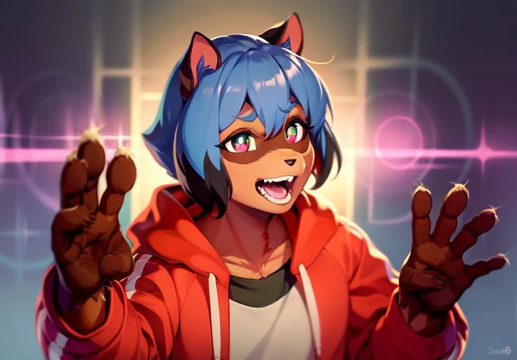 (furry raccoon), Michiru, 1girl, solo, blue hair, (multicolored eyes), raccoon ears, two-tone hair, (body fur), (best quality), (high quality), high-res, (digital painting), (8k), hoodie, focus, sharp focus, teeth open mouth