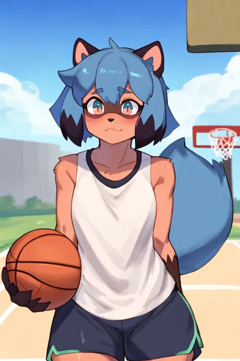 masterpiece, best quality, anthro, furry, by buta99, by Cumbread, 1girl, outdoors, <lora:michiruLora_michiruv3latest:0.7> blue hair, short hair, 1girl, animal ears, raccoon girl, raccoon ears, michiru, kagemori michiru, sweat, white Sleeveless shirt, shorts, looking at viewer, basketball, long body