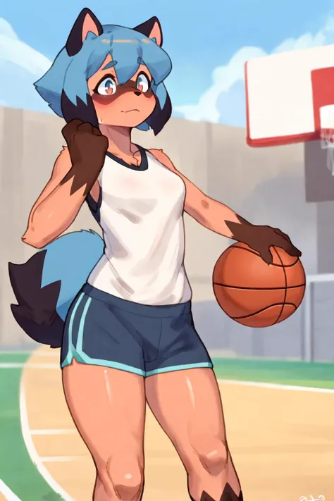 masterpiece, best quality, anthro, furry, by buta99, by Cumbread, 1girl, outdoors, <lora:michiruLora_michiruv3latest:0.7> blue hair, short hair, 1girl, animal ears, raccoon girl, raccoon ears, michiru, kagemori michiru, sweat, white Sleeveless shirt, shorts, looking at viewer, basketball, long body