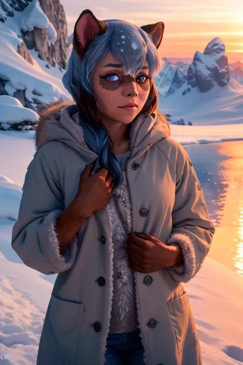 Cinematic film still, full body, ((detailed facial features)), ( detailed skin), (dark cave:1.2), (cold colors), intricate details, shallow depth of field, cinematic lighting, reflections, photographed on a Canon EOS R5, 50mm lens, F/2.8, HDR, 8k resolution, <lora:michiruLora_v22N:1>, furry, raccoon | girl, multicolored eyes,two-tone hair, (high quality, best quality), body fur, animal nose, sunset, horizon, mountain edge, long hair, gray coat, tail, snow, winter