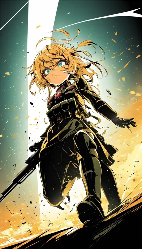 Cinematic scene, hero view, Tanya Degurechaff , Youjo Senki, action pose, detailed background, masterpiece, best quality, high quality, absurdres <lora:tanya_degurechaff_xl_v4:1>, Vector art, Vivid colors, Clean lines, Sharp edges, Minimalist, Precise geometry, Simplistic, Smooth curves, Bold outlines, Crisp shapes, Flat colors, Illustration art piece, High contrast shadows, Technical illustration, Graphic design, Vector graphics, High contrast, Precision artwork, Linear compositions, Scalable artwork, Digital art
