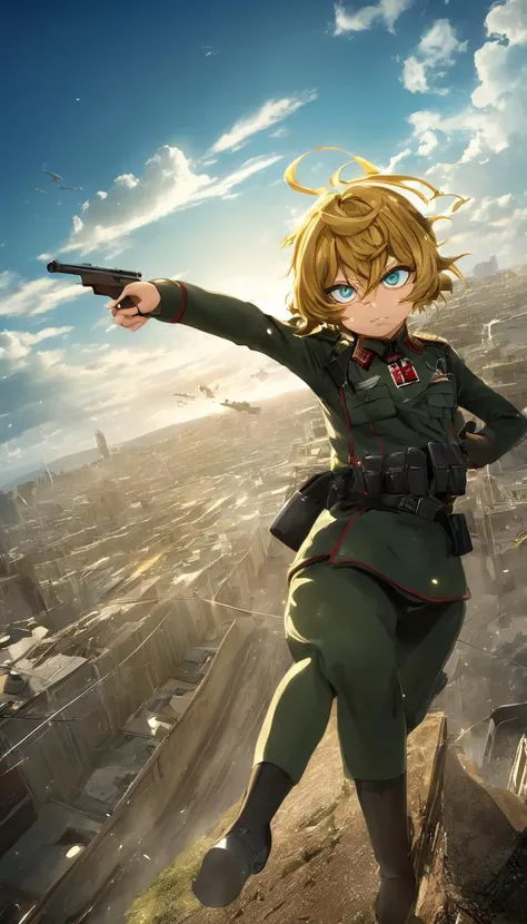long shot scenic professional photograph of Cinematic scene, hero view, Tanya Degurechaff , Youjo Senki, action pose, detailed background, masterpiece, best quality, high quality, absurdres <lora:tanya_degurechaff_xl_v4:1>, perfect viewpoint, highly detailed, wide-angle lens, hyper realistic, with dramatic sky, polarizing filter, natural lighting, vivid colors, everything in sharp focus, HDR, UHD, 64K
