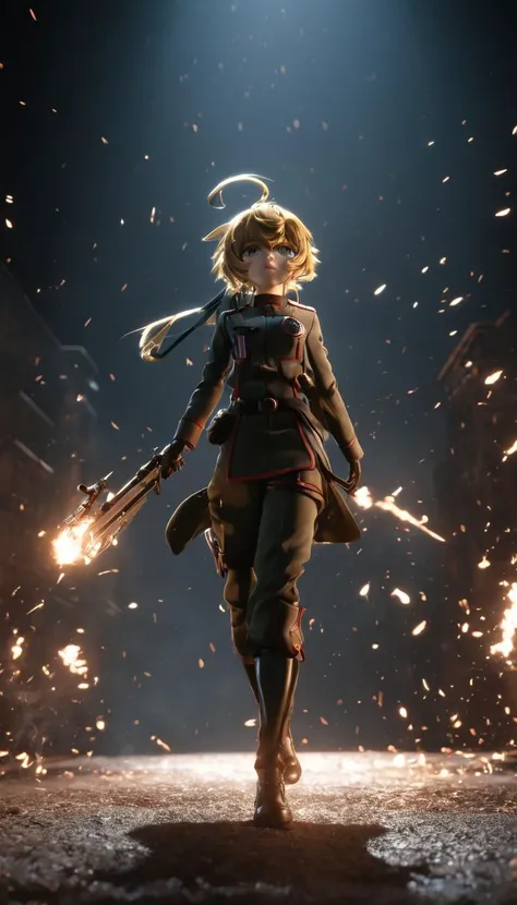 professional 3d model Cinematic scene, hero view, Tanya Degurechaff , Youjo Senki, action pose, detailed background, masterpiece, best quality, high quality, absurdres <lora:tanya_degurechaff_xl_v4:1> . octane render, highly detailed, volumetric, dramatic lighting