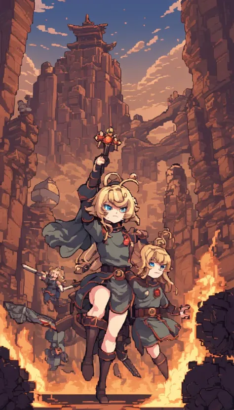 pixel-art Cinematic scene, hero view, Tanya Degurechaff, Youjo Senki <lora:tanya_degurechaff_xl_v7:1>, action pose, detailed background, masterpiece, best quality, high quality, absurdres . low-res, blocky, pixel art style, 8-bit graphics