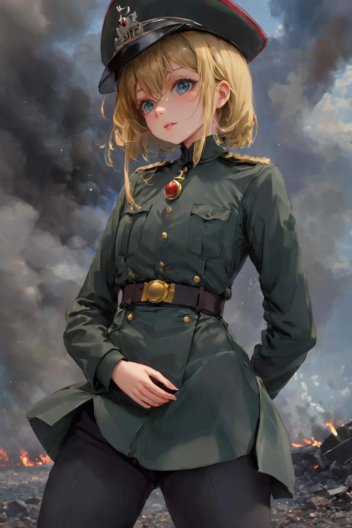 Youjo Senki,1girl, (uppon body:1.2), hands in pockets,,masterpiece,best quality,ultra detailed,official art,beauty and aesthetics,detailed,highly detailed,solo,delicate countenance,1girl,8k,<lora:tanya_degurechaff:0.8>,battlefield, smoke
