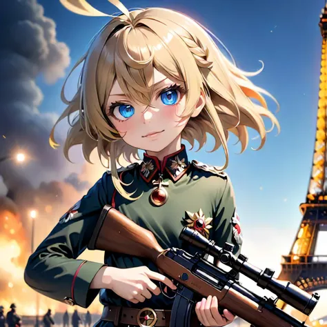 12yo Tanya Degurechaff war against france,, hero view, Youjo Senki, uniform, glowing iris <lora:tanya_degurechaff:0.9>, ww1, eiffel tower at background, angry evil smile, military trousers, (mauser rifle:1.5) with both hands, prussian soldiers march,
cinematic photo official art,unity 8k wallpaper,ultra detailed,aesthetic,masterpiece,best quality, 35mm photograph, film, bokeh, professional, 4k, highly detailed, skin detail realistic, ultra realistic