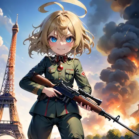 12yo Tanya Degurechaff war against france, Cinematic scene, hero view, Youjo Senki, uniform, glowing iris <lora:tanya_degurechaff:0.9>, ww1, eiffel tower at background, angry evil smile, military trousers, (mauser rifle:1.5) with both hands, prussian soldiers march