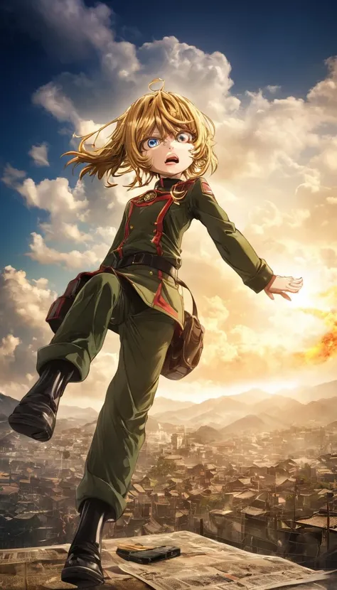 long shot scenic professional photograph of Cinematic scene, hero view, Tanya Degurechaff, Youjo Senki <lora:tanya_degurechaff_xl_v5:1>, action pose, masterpiece, best quality, high quality, highres, absurdres , perfect viewpoint, highly detailed, wide-angle lens, hyper realistic, with dramatic sky, polarizing filter, natural lighting, vivid colors, everything in sharp focus, HDR, UHD, 64K