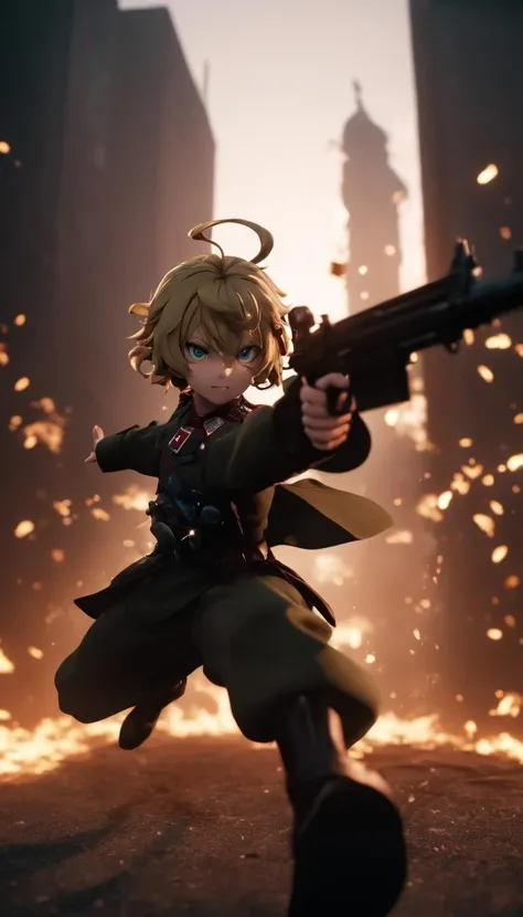 cinematic photo Cinematic scene, hero view, Tanya Degurechaff , Youjo Senki, action pose, detailed background, masterpiece, best quality, high quality, absurdres <lora:tanya_degurechaff_xl_v4:1> . 35mm photograph, film, bokeh, professional, 4k, highly detailed