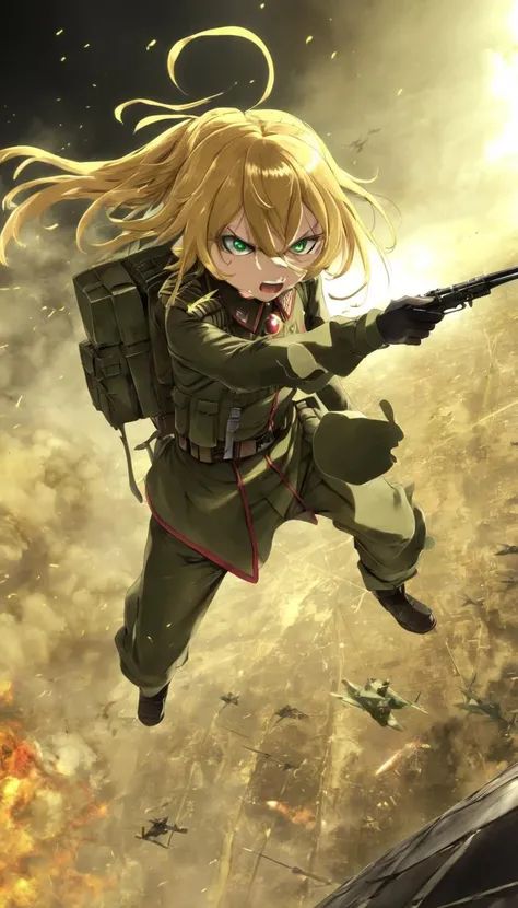 Cinematic scene, hero view, Tanya Degurechaff, Youjo Senki <lora:tanya_degurechaff_xl_v6:1>, action pose, detailed background, masterpiece, best quality, high quality, highres, absurdres