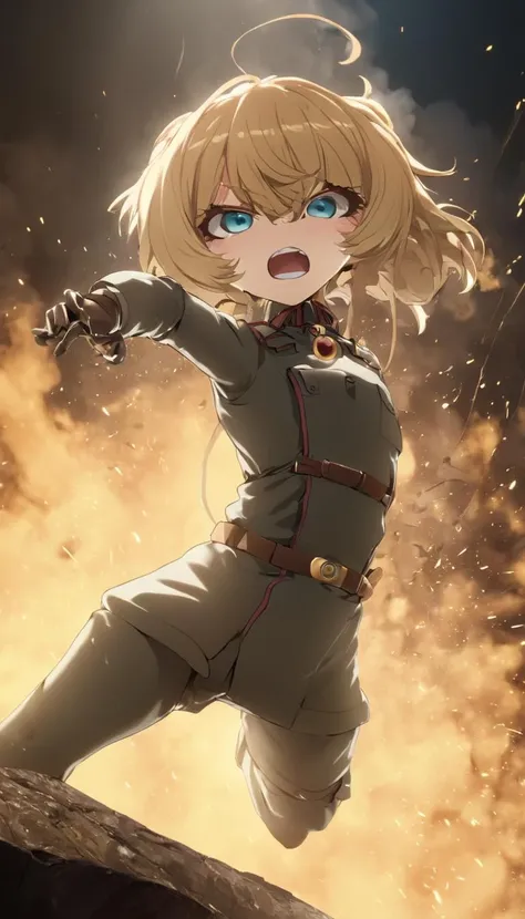 Cinematic scene, hero view, Tanya Degurechaff, Youjo Senki <lora:tanya_degurechaff_xl_v7:1>, action pose, detailed background, masterpiece, best quality, high quality, absurdres, detailed skin texture, (blush:0.5), (goosebumps:0.5), subsurface scattering