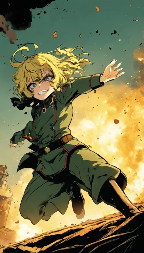 comic Cinematic scene, hero view, Tanya Degurechaff , Youjo Senki, action pose, detailed background, masterpiece, best quality, high quality, absurdres <lora:tanya_degurechaff_xl_v4:1> . graphic illustration, comic art, graphic novel art, vibrant, highly detailed