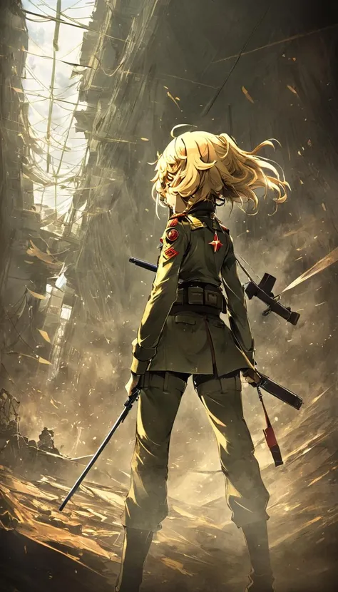 concept art Cinematic scene, hero view, Tanya Degurechaff, Youjo Senki <lora:tanya_degurechaff_xl_v6:1>, action pose, detailed background, masterpiece, best quality, high quality, highres, absurdres . digital artwork, illustrative, painterly, matte painting, highly detailed