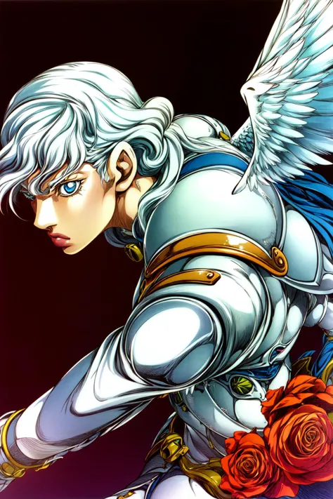 details,androgynous,cute,griffith \(berserk\),1boy,blue eyes,closed mouth,white hair,athletic body,(white armor:1.4),(shiny armor:1.4),lean body, <lora:Griffith:0.6>, <lora:arakistyle:0.9>, detailed face, full body, cowboy shot, monotone, ((solo focus)), ((arakistyle)) ((clothed)), illustration, lineart, bold coloring, masterpiece, manga art, best quality, scan, color tones, illustration, anime, simple coloring, jojo:0.9 , wavy hair, poster, red rose, plants, wings, angel, darkness, red eclipse, void, abstract, manga, realistic eyes, gucci, balenciaga, cape, add_detail <lora:add_detail:1>