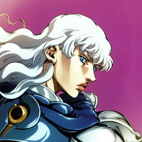 details,androgynous,cute,griffith \(berserk\),1boy,blue eyes,closed mouth,white hair,athletic body,white armor,shiny armor,lean body, <lora:Griffith:0.7>, <lora:arakistyle:0.9>, detailed face, full body, cowboy shot, monotone, ((solo focus)), closeup, ((arakistyle)) ((clothed)), illustration, lineart, bold coloring, masterpiece, manga art, best quality, scan, color tones, illustration, anime, simple coloring, jojo:0.9 , wavy hair,