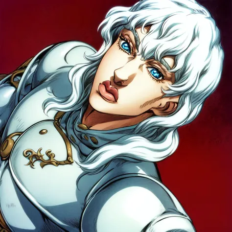 details,androgynous,cute,griffith \(berserk\),1boy,blue eyes,closed mouth,white hair,athletic body,white armor,shiny armor,lean body, <lora:Griffith:0.5>, <lora:arakistyle:0.8>, detailed face, full body, cowboy shot, monotone, ((solo focus)), closeup, ((arakistyle)) ((clothed)), illustration, lineart, bold coloring, masterpiece, manga art, best quality, scan, color tones, illustration, anime, simple coloring, jojo:0.9 , wavy hair, symmetrical eyes, realistic eyes, add_detail <lora:add_detail:1>