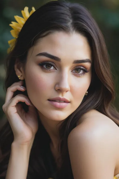 photoshoot of handeE2, detailed skin texture, (blush:0.2), (goosebumps:0.3), (yellow floral dress), subsurface scattering, Photorealistic, Hyperrealistic, Hyperdetailed, analog style, hip cocked, demure, detailed skin, matte skin, soft lighting, subsurface scattering, realistic, heavy shadow, masterpiece, best quality, ultra realistic, 8k, golden ratio, Intricate, High Detail, film photography, soft focus
