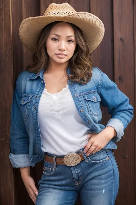DEN_aiuchi_rika,
(country beauty posing against a wooden fence with a plaid shirt and jeans and a cowboy hat, cow girl, country girl, cow girl:1.2),
bokeh, f1.4, 40mm, photorealistic, raw, 8k, textured skin, skin pores, intricate details <lora:epi_noiseoffset2:1>, epiCRealism <lora:ClothingAdjuster3:-1>