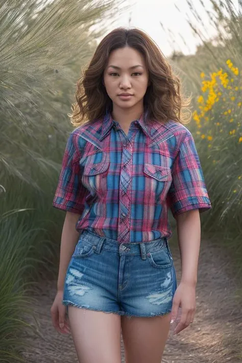 DEN_aiuchi_rika,
(walking through a tallgrass meadow wearing (Jean shorts:1.3) and (plaid shirt:1.3), meadow, wild, overgrown, walking,:1.2),
bokeh, f1.4, 40mm, photorealistic, raw, 8k, textured skin, skin pores, intricate details <lora:epi_noiseoffset2:1>, epiCRealism <lora:ClothingAdjuster3:-1>