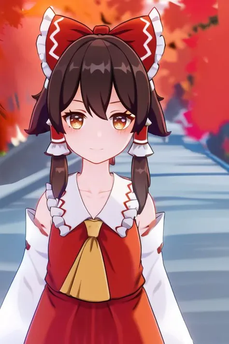 masterpiece, best quality, wral, hakurei reimu, 1girl, solo, smile, brown hair, bow, hair tubes, red bow, hair bow, detached sleeves, looking at viewer, ascot, upper body, yellow ascot, blush, bare shoulders, frills, bangs, tree, holding, red eyes, sidelocks, outdoors, closed mouth, day, wide sleeves, frilled bow, collarbone, long sleeves, red vest, short hair, frilled shirt collar, blurry, sky, hair between eyes, vest, broom, long hair, blurry background