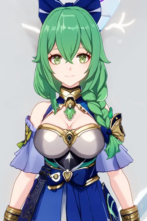 masterpiece, best quality, wral, 1girl, breasts, solo, cleavage, long hair, smile, braid, heart, earrings, large breasts, looking at viewer, green eyes, bangs, jewelry, upper body, bare shoulders, hair between eyes, closed mouth, green hair, hair bow, bow, blue hair, detached sleeves, dress, heart background, armor, grey background, artist name, halo