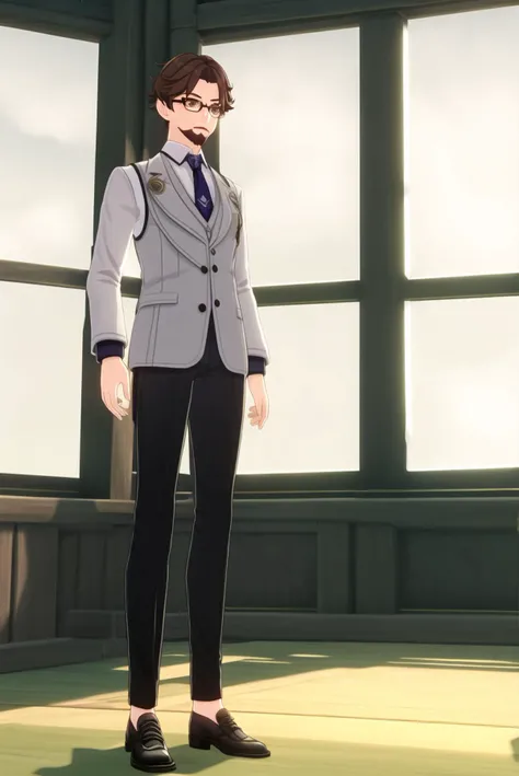 masterpiece, best quality, wral, 1boy, male focus, solo, virtual youtuber, necktie, purple necktie, shirt, brown hair, pants, black footwear, full body, collared shirt, black shirt, vest, white pants, formal, jacket, long sleeves, suit, standing, shoes, grey vest, closed mouth, glasses, brown eyes, white jacket, bangs, facial hair, looking at viewer, window, grey pants