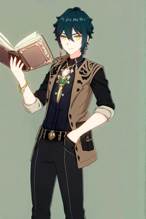 masterpiece, best quality, wral, 1boy, male focus, solo, book, holding, holding book, jewelry, black hair, hand in pocket, simple background, shirt, parted lips, necklace, yellow eyes, hair between eyes, black shirt, green background, pants, black pants, open clothes, jacket, short hair, short sleeves, looking at viewer, bangs, brown jacket, open book, standing, pendant