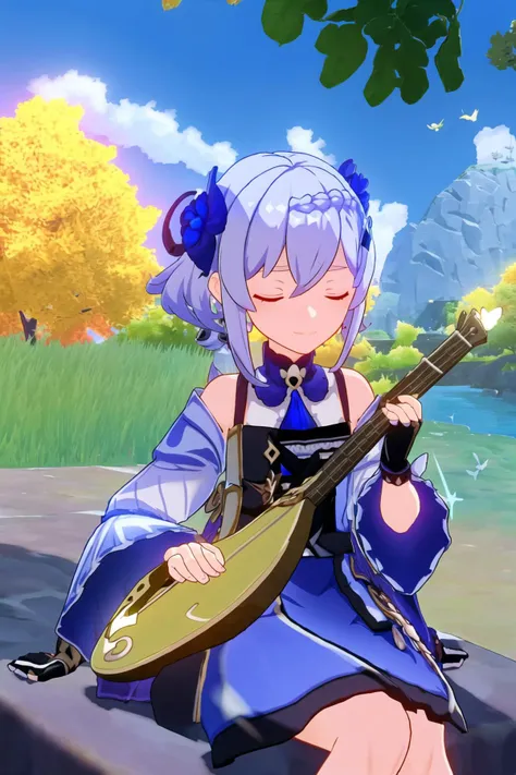 wral, masterpiece, best quality, closed eyes, instrument, dress, 2girls, long hair, multiple girls, blue hair, gloves, sitting, holding, hair ornament, detached sleeves, bare shoulders, playing instrument, flower, closed mouth, bangs, smile, fingerless gloves, black gloves, holding instrument, blue eyes, tree, short hair, blue dress, long sleeves, sparkle, bird, music, leaf, hair flower, sidelocks, cloud, grey hair, lantern, wide sleeves, necktie, sky, black dress, braid, white dress