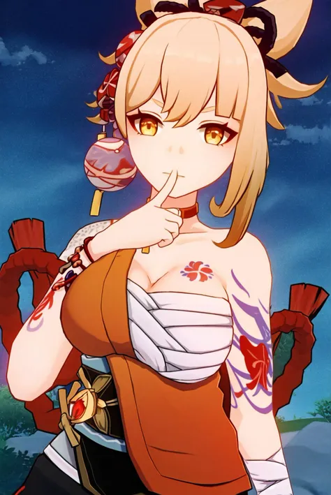 masterpiece, best quality, wral, yoimiya \(genshin impact\), 1girl, breasts, blonde hair, solo, chest tattoo, sarashi, hair ornament, large breasts, tattoo, cleavage, japanese clothes, kimono, arm tattoo, orange kimono, yellow eyes, jewelry, hadanugi dousa, red choker, choker, bare shoulders, bangs, bandages, bracelet, looking at viewer, hair between eyes, shimenawa, sash, finger to mouth, chest sarashi, upper body, obi, bandaged arm, rope, ponytail, single bare shoulder, breast tattoo, sidelocks