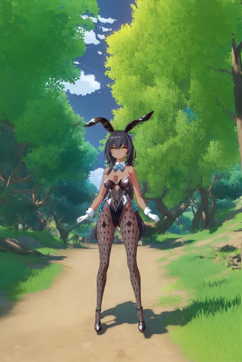 wral, masterpiece, best quality, karin \(blue archive\), 1girl, solo, breasts, animal ears, pantyhose, playboy bunny, dark-skinned female, gloves, dark skin, fishnets, rabbit ears, white gloves, black hair, large breasts, bow, bowtie, long hair, fishnet pantyhose, detached collar, yellow eyes, traditional bowtie, cleavage, (black leotard:1.2), looking at viewer, halo, fake animal ears, bare shoulders, very long hair, ponytail, blue bow, bangs, official alternate costume, earrings, strapless, jewelry, hand on own chest, blush, blue bowtie, closed mouth, multicolored hair, black footwear, wrist cuffs, sidelocks, highleg, full body, standing, forest, tree, cloud, sky, day, grass, high heels